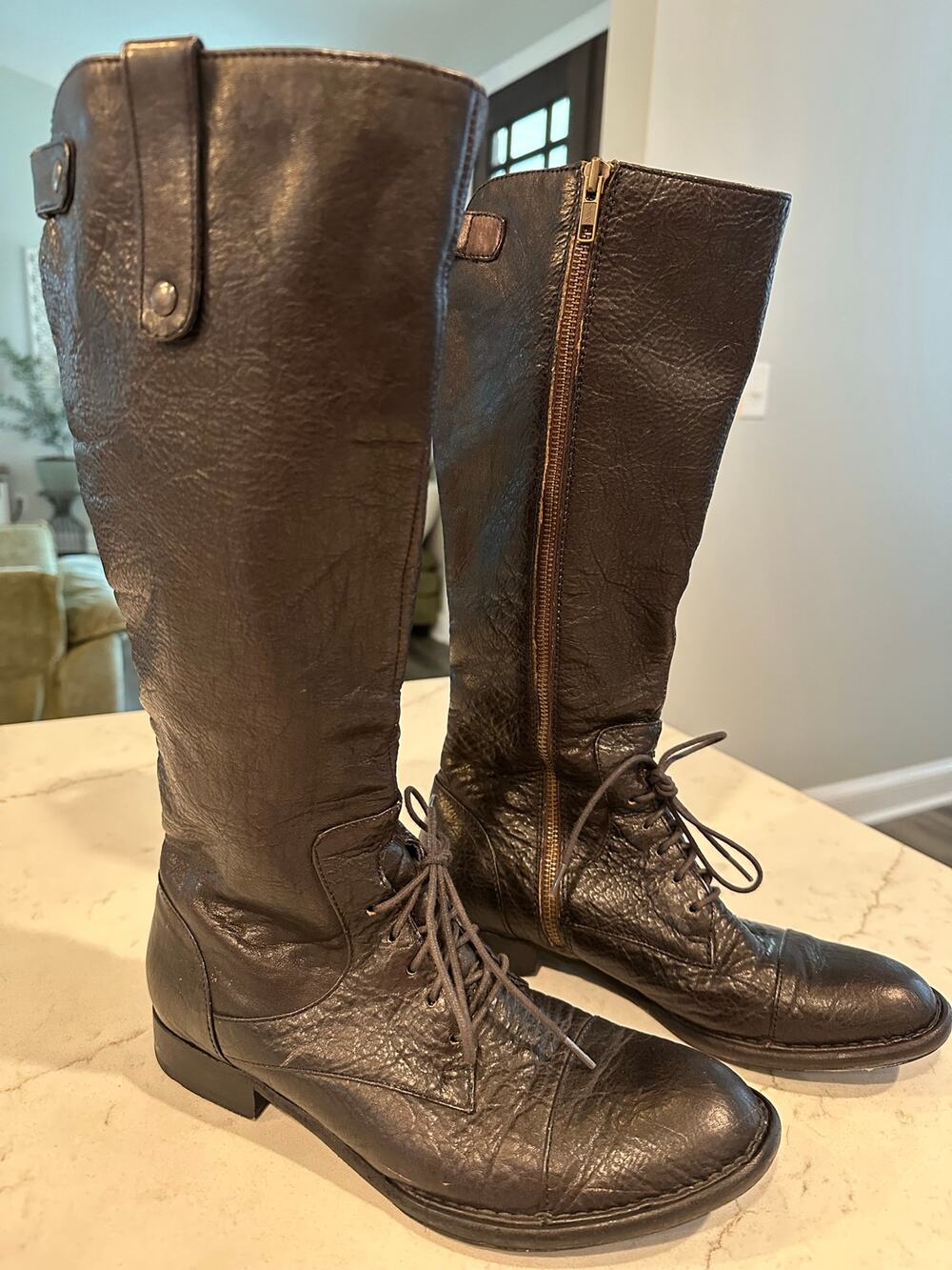 Women's Born Crown Gilmore Knee High Zip On Lace Tie Blackish Brown Leather 7.5